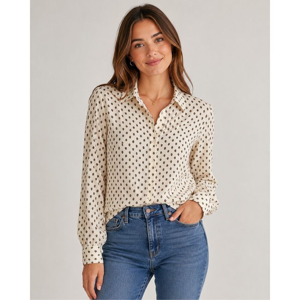 Fun2Fun Women’s Small Ivory Floral Button Front Blouse Long Sleeve